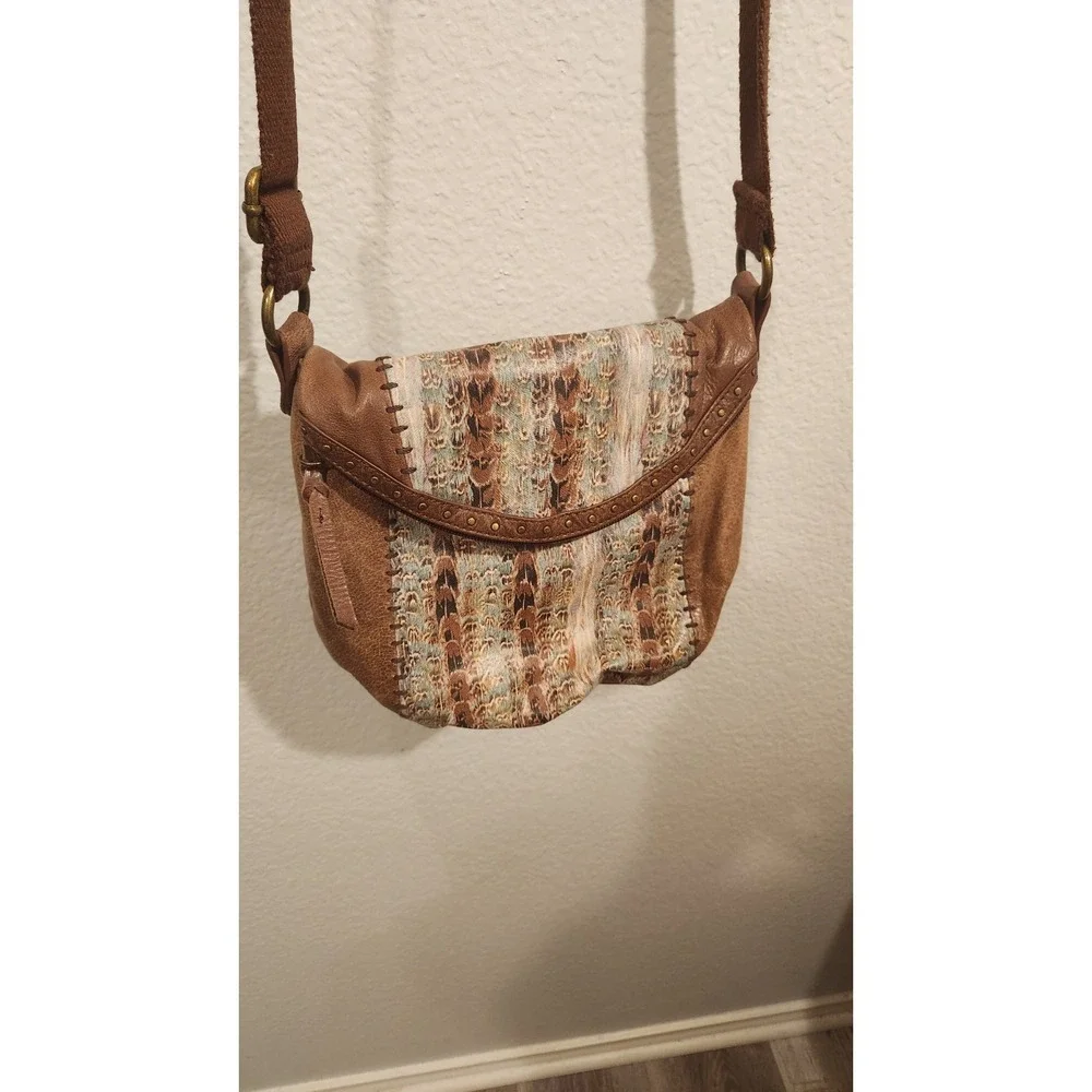 The Sak Deena Flap Foldover Brown Leather Crossbody Bag with Studs Feather Print
